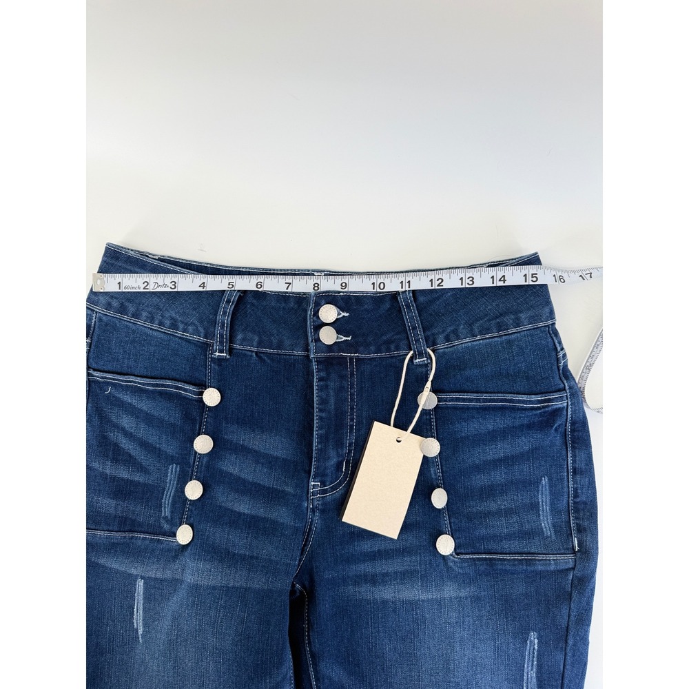 Flamingals Womens High Waisted Sailor Button Jeans Dark Wash Distressed Size L - Picture 5 of 9